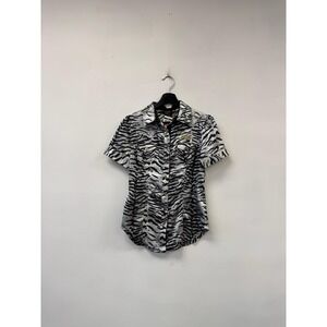 VTG COOGI Shirt Womens Small White‎ Zebra Print Sequin Button Front Y2K